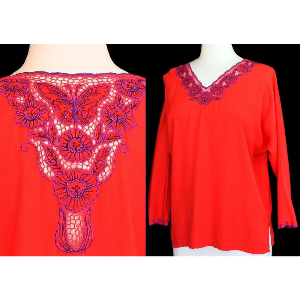 Vintage 90s Bali Crochet Blouse, Embroidered Floral Butterfly Cutwork, XL to 1X